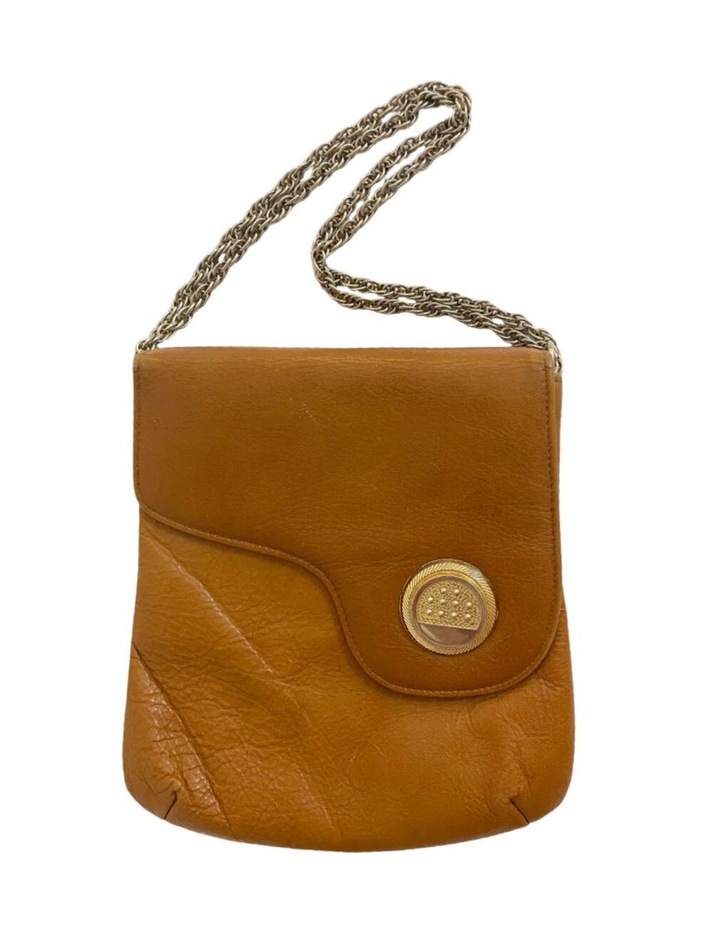 Vintage Caramel Leather Crossbody Shoulder Bag Gold Tone Hardware